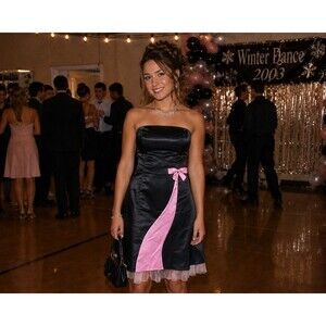 80s Jessica McClintock For Gunne Sax Dress Black Pink Bow Strapless 9/10 USA